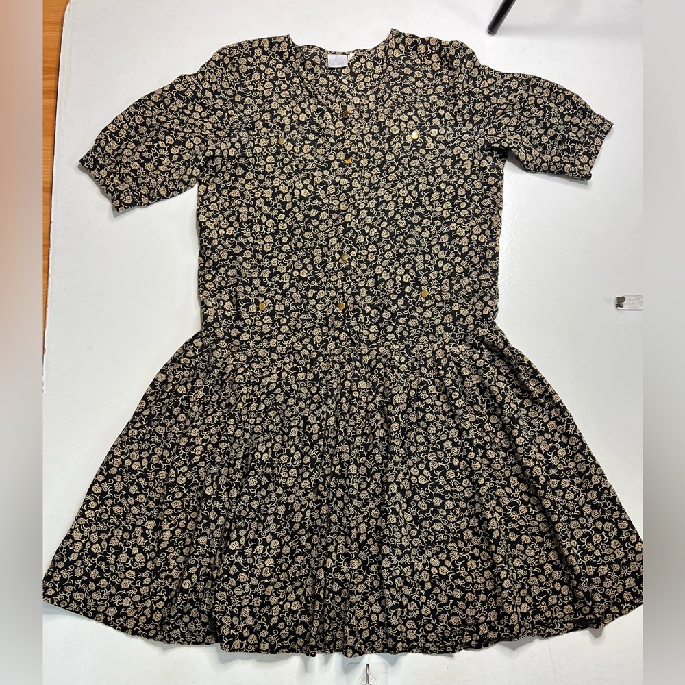 ANDREA MARE Womens Maxi Dress Sz M Black/Gold Floral 4 Pockets